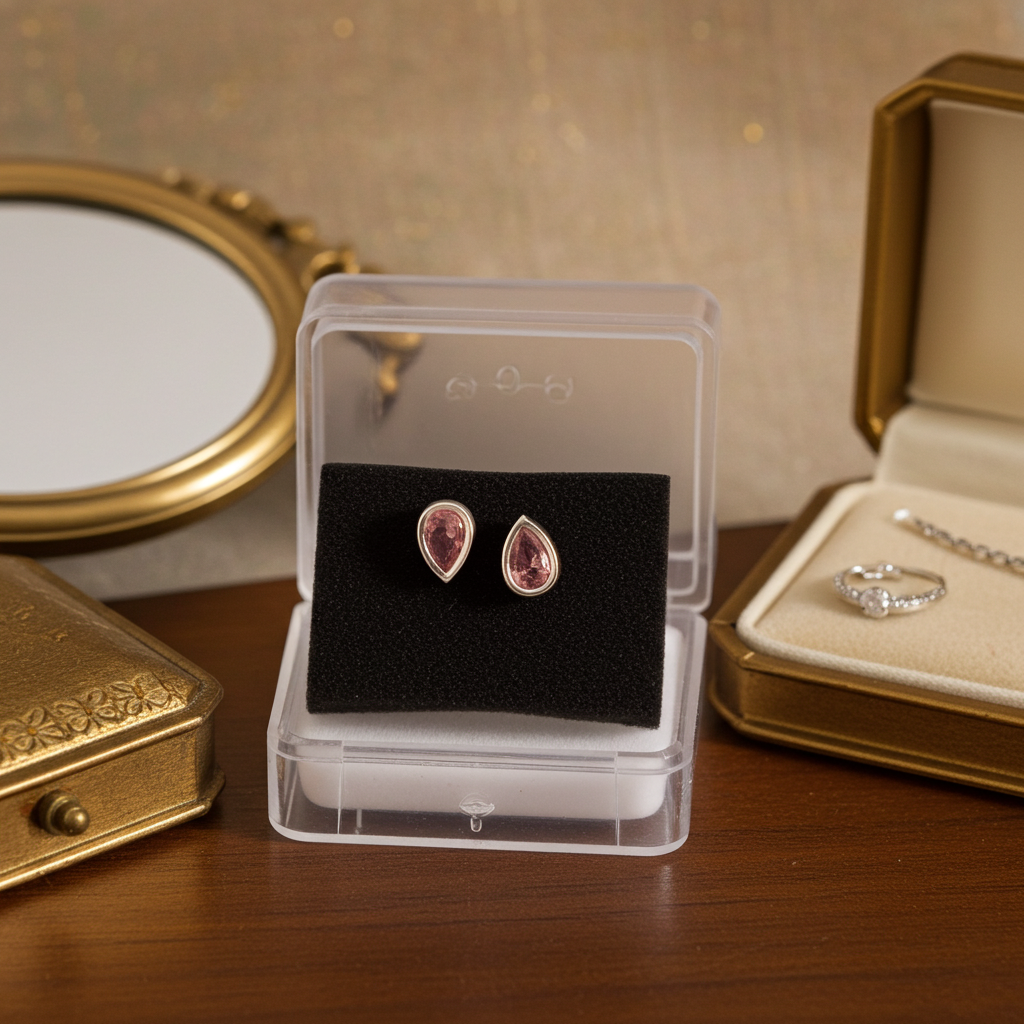 Broqueles de plata de ley con piedra rosa, sobre base de terciopelo negro y caja de acrílico transparente, con fondo de tela de satén.