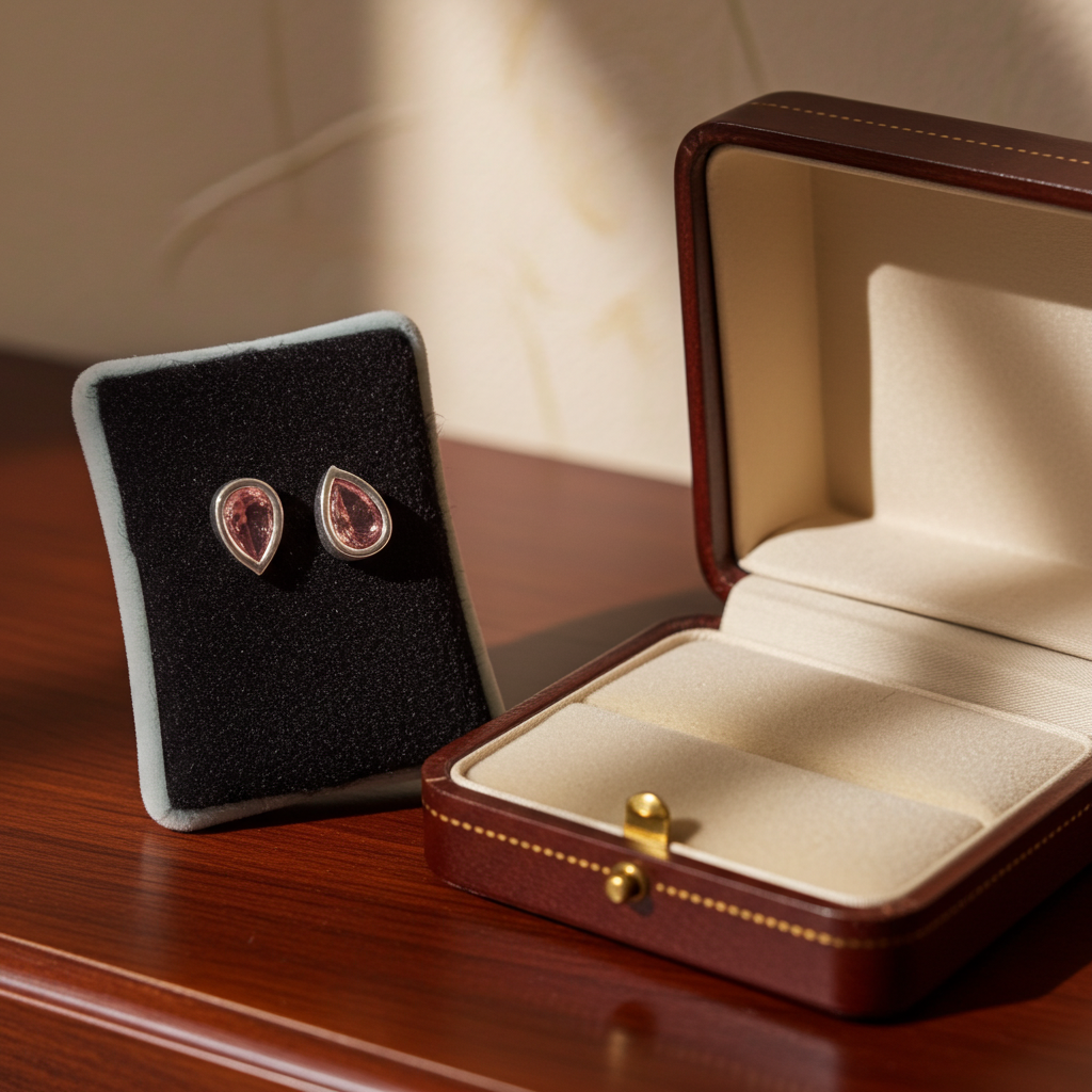 Par de broqueles de plata gota rosa colocados al lado de un joyero de cuero color marrón, destacando su elegancia y calidad.